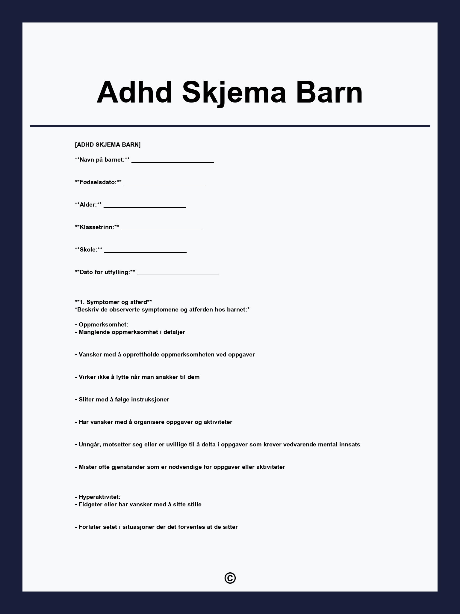 Adhd Skjema Barn