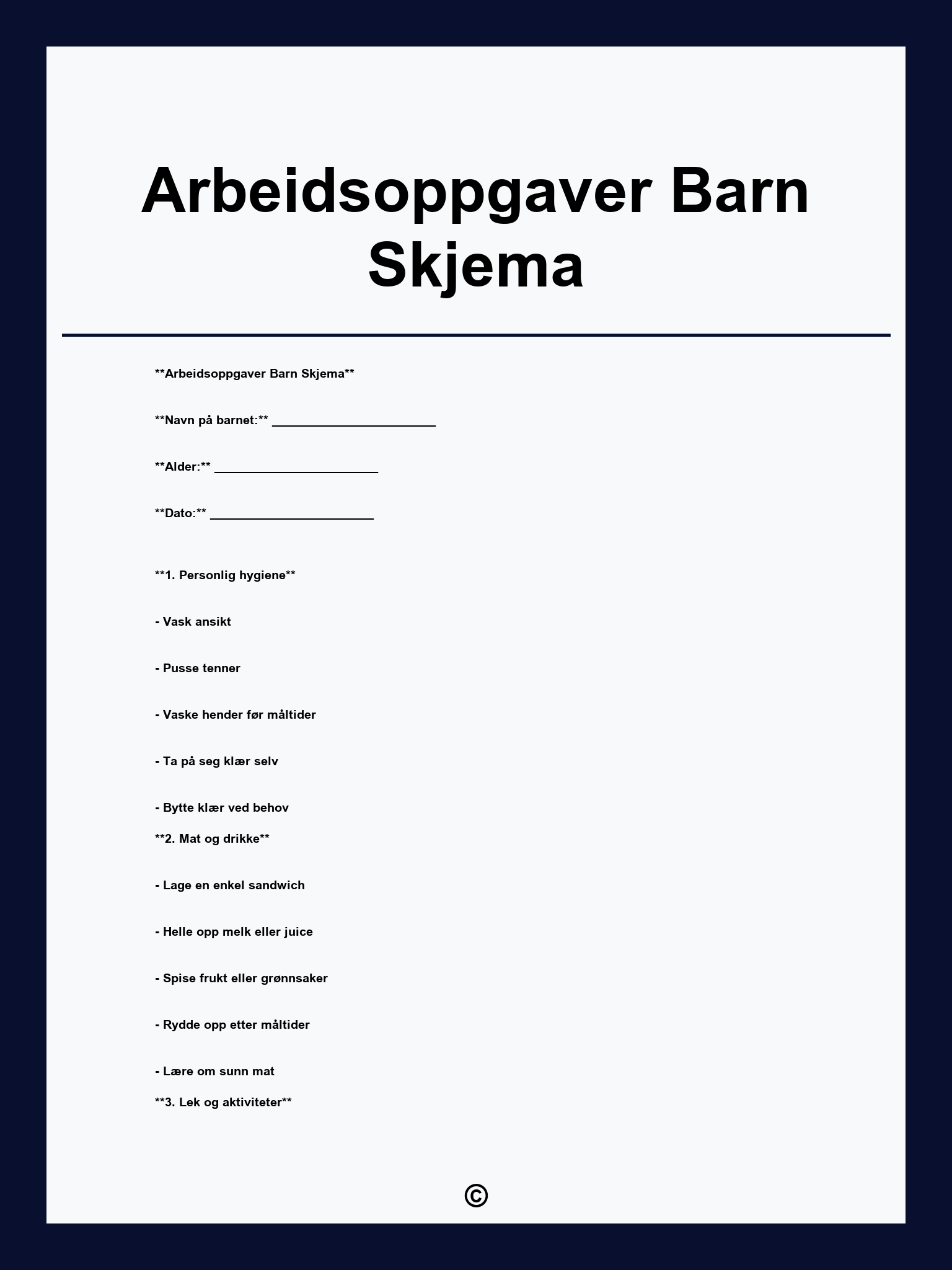 Arbeidsoppgaver Barn Skjema