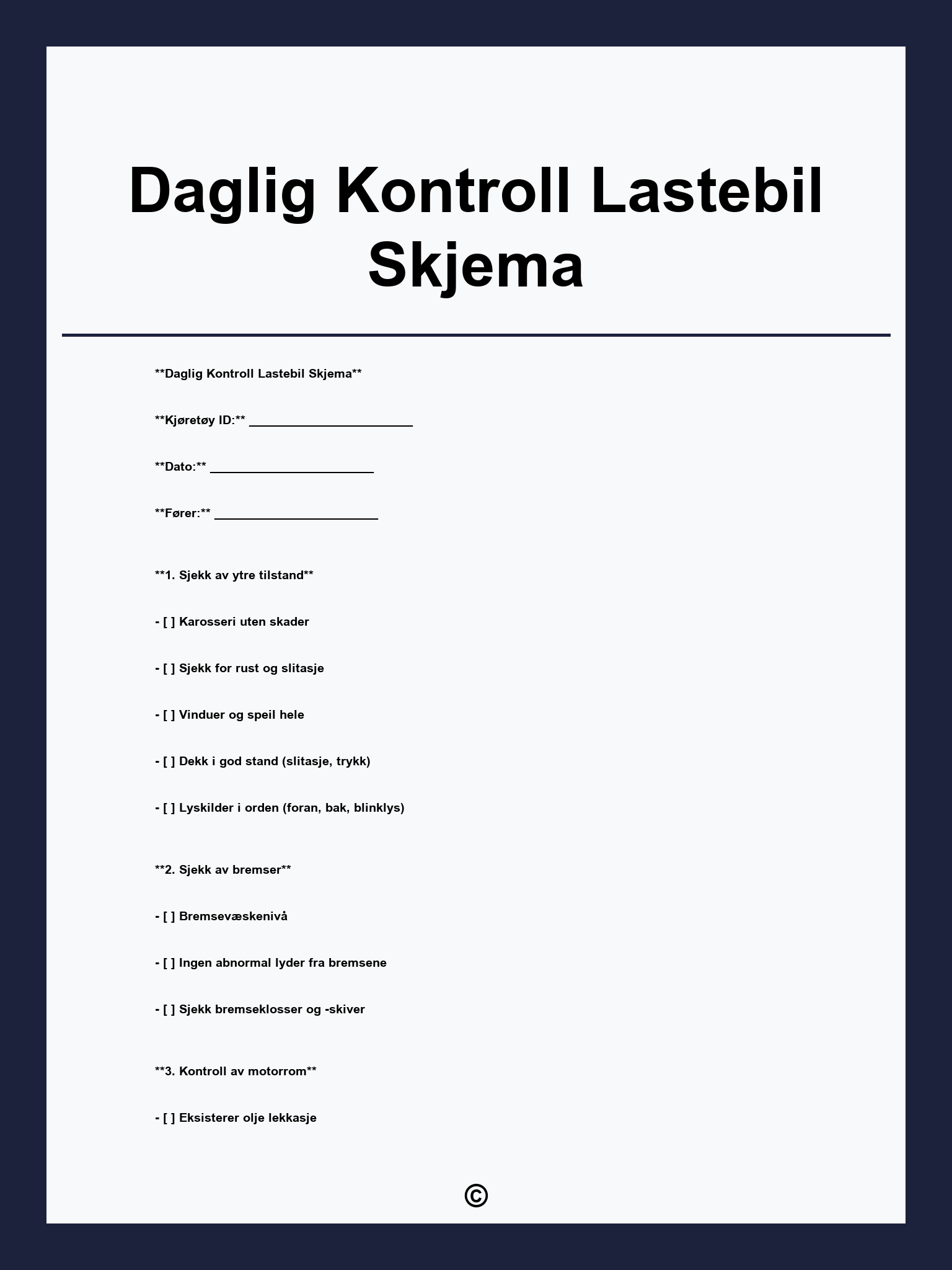 Daglig Kontroll Lastebil Skjema