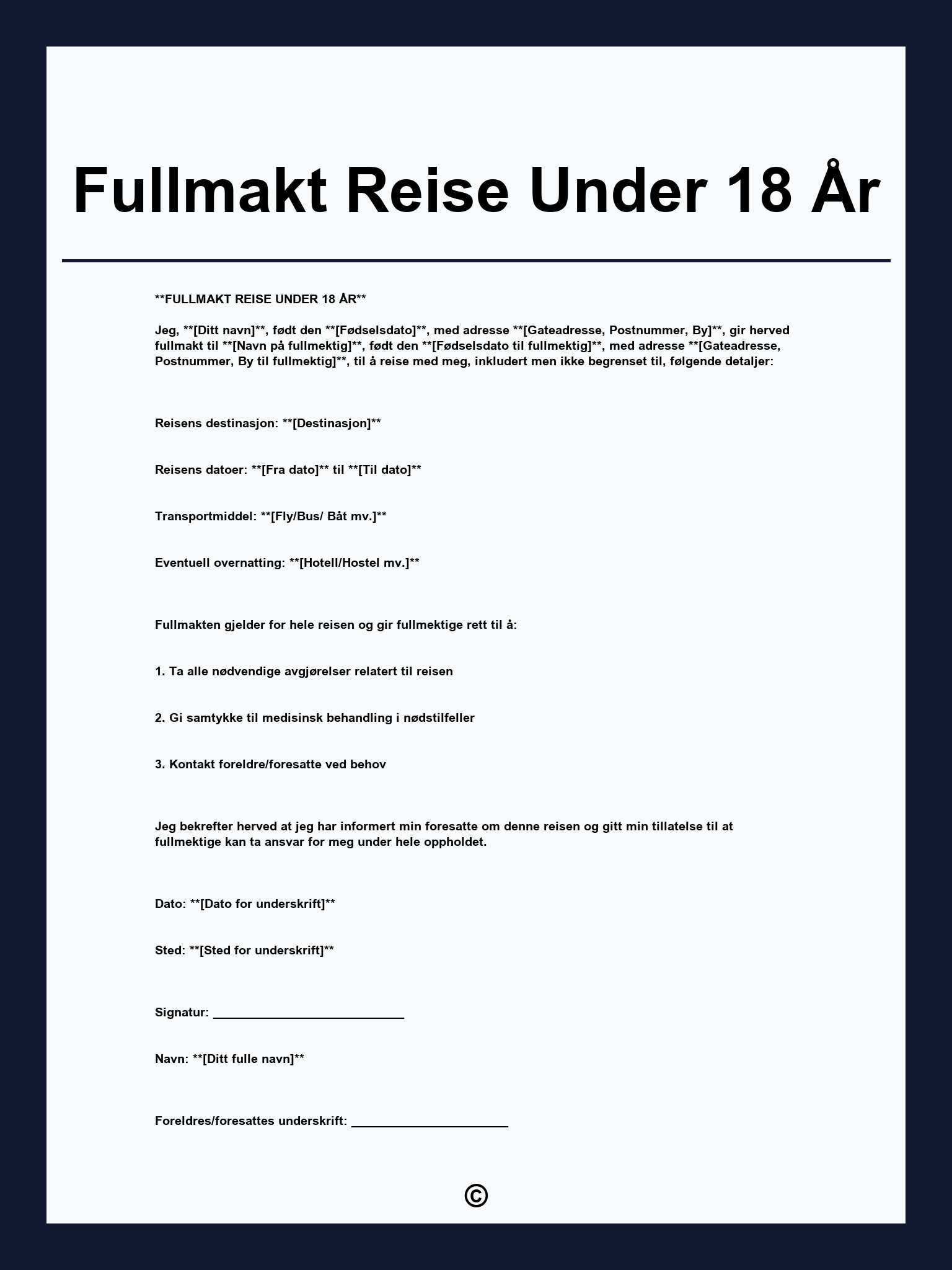 Fullmakt Reise Under 18 År