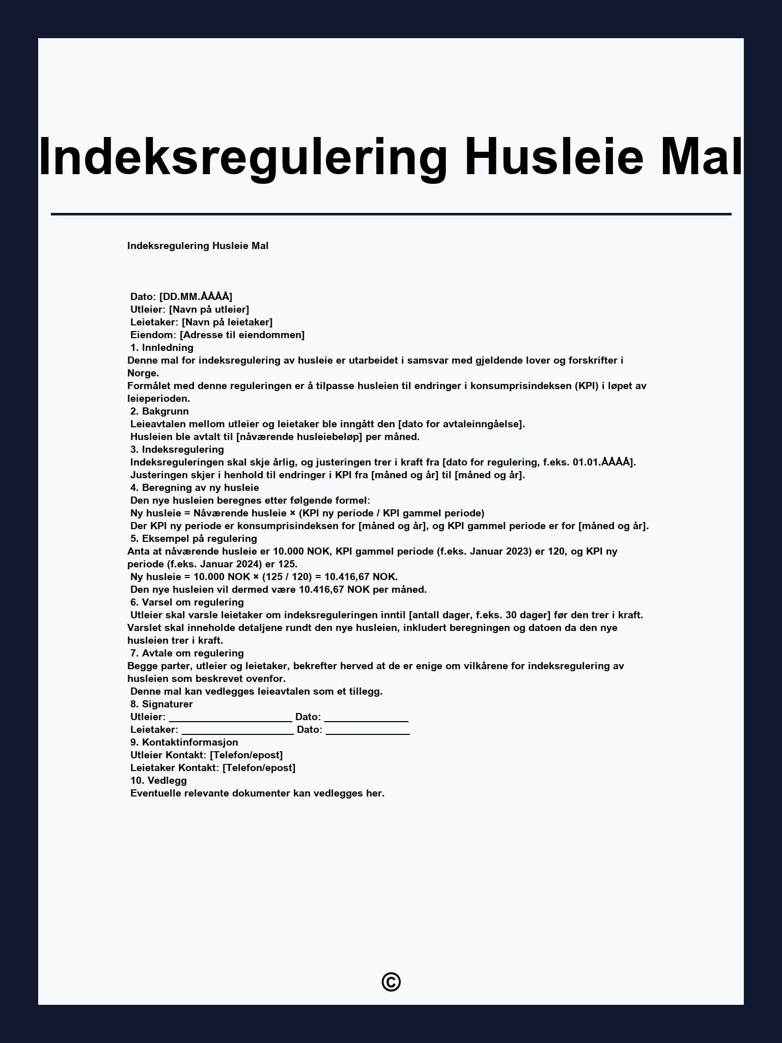 Indeksregulering Husleie Mal