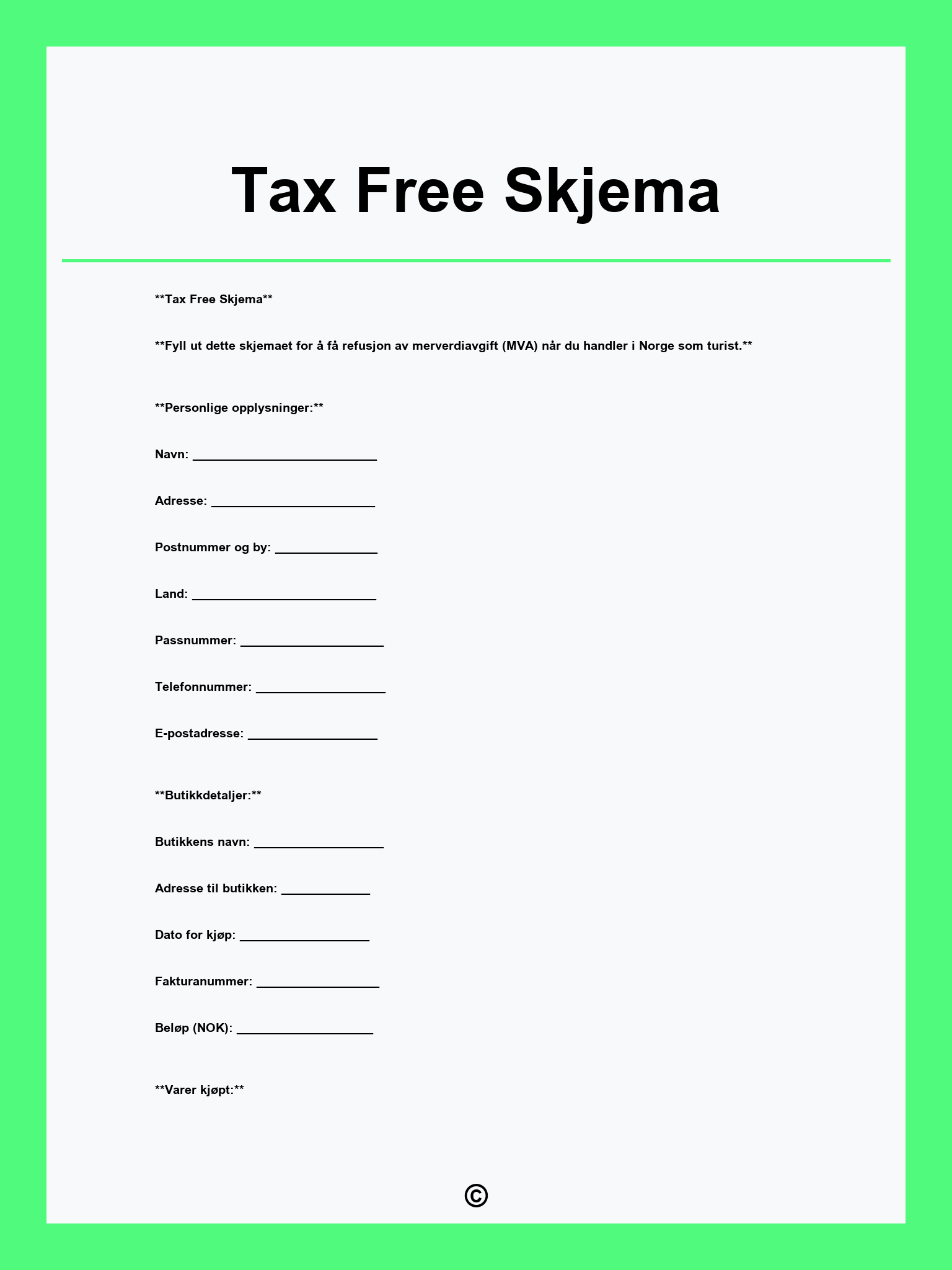 Tax Free Skjema