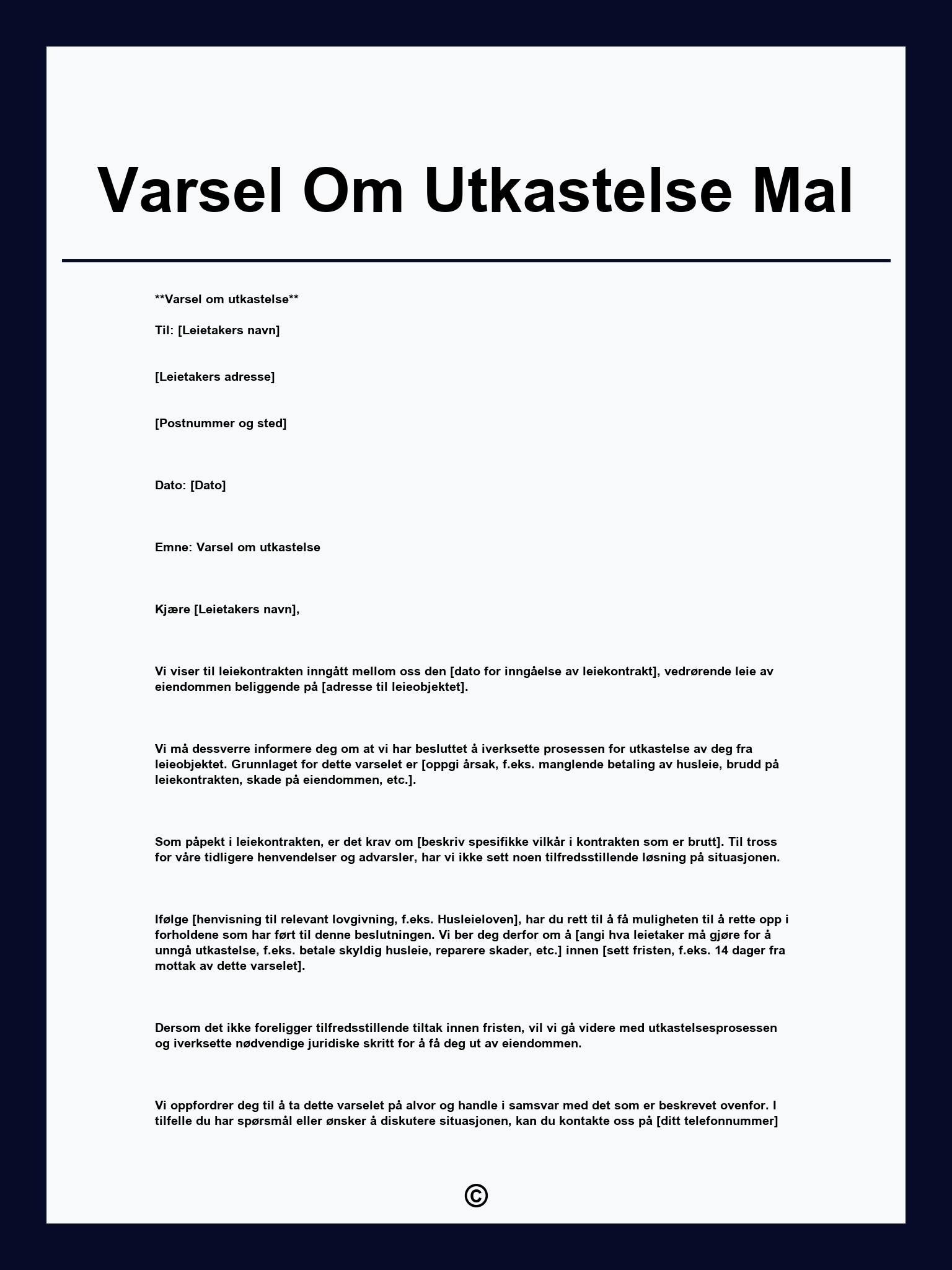 Varsel Om Utkastelse Mal